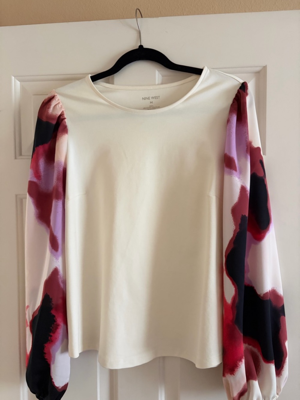 Nine West Cream Blouse with Pink & Red Printed Balloon Sleeves